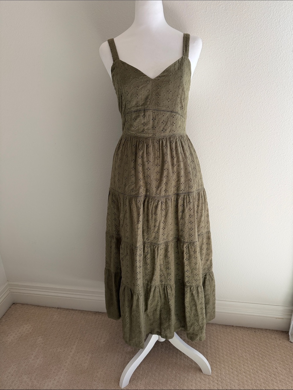 Lost + Wander Olive Eyelet Tiered Maxi Dress